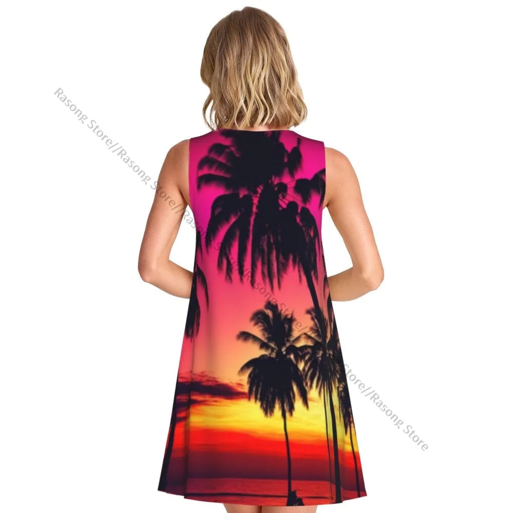 Women's Dress Colorful Sunset On Tropical Ocean Beach With Coconut Palm Trees Summer Casual T Shirt Beach Cover up Tank Dress