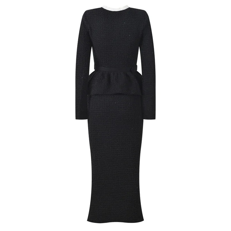 CHUJIE 2025 Autumn/winter New Fake Two-piece Design, Long-sleeved Round-neck, Floral Embroidery, Ruffle Decoration Knitted Dress