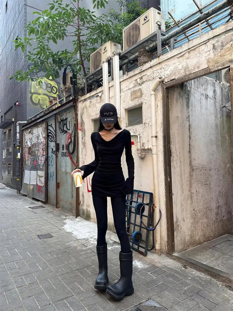 Seeslim Black Slim Sexy Mini Dress Women Long Sleeve Autumn Off Shoulder Korean Fashion 2000s Y2k Clothes Party Dresses Chic