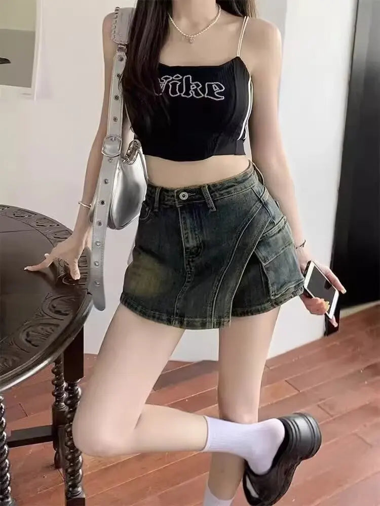 High Waist Retro Irregular Denim Skirt Pants Women's Summer New Spice Girl Versatile Short Skirt Pants