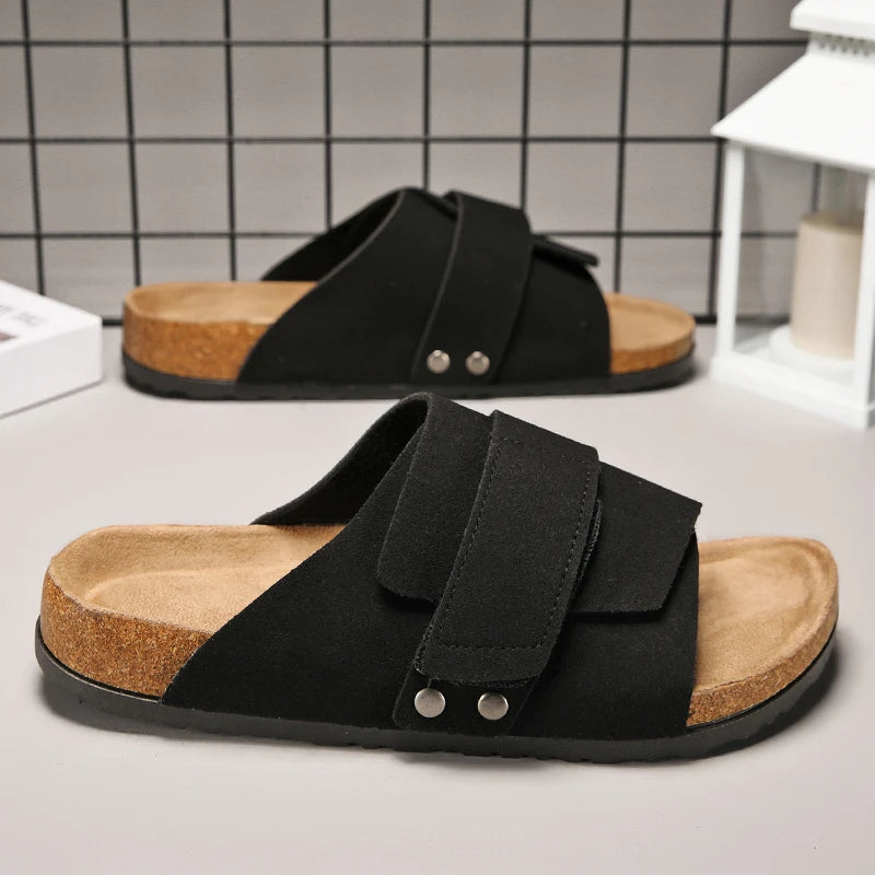 Men's Cork Slippers Suede Leather Clogs with Open Upper Comfort Footbed Adjustable Sandals Slides Indoor Home Shoes Women Couple