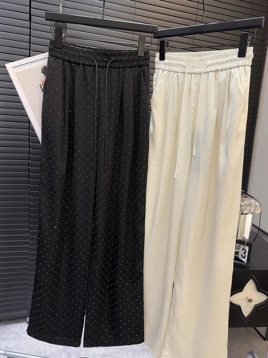 2026 High Quality Luxury Full Rhinestone Wide Leg Pants Fashion New Drawstring High Waist Straight Pants Ladies Casual Trousers