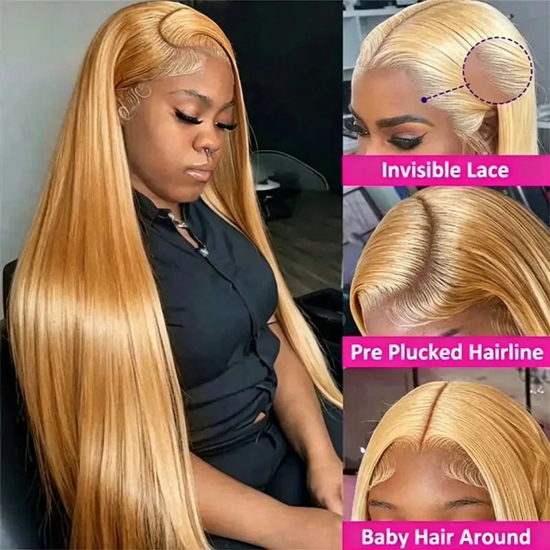 200 Density 27 Honey Blonde HD Lace Frontal Human Hair Wig 13x4 HD Transparent 30 Inch Straight Hair Lace Front Wig Pre-Plucked Pre-Trimmed Lace Frontal Wig