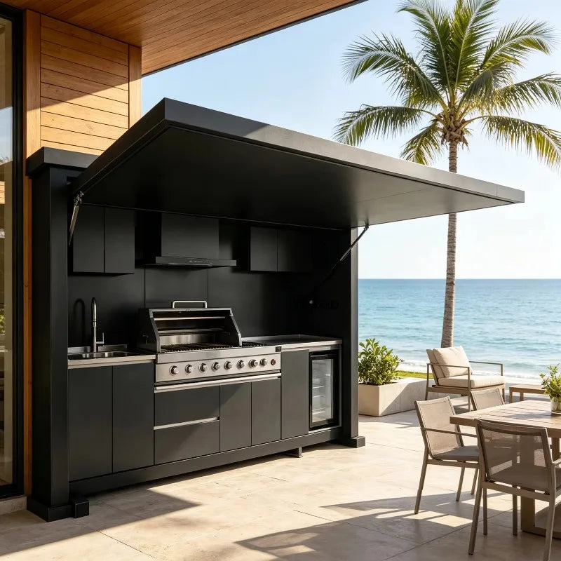 Luxury Outdoor Kitchen Island Set with Built-in Gas BBQ Grill, Pizza Oven & Storage Drawers Prefabricated Patio Cooking Station