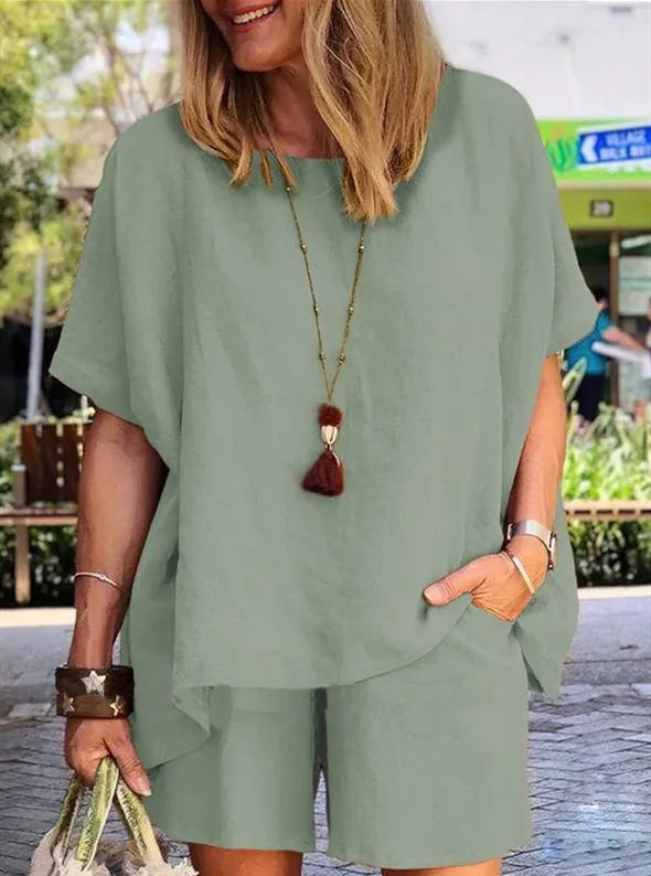 Ladies Shorts Suit Fashionable Summer Women's Elegant Solid Color Pullover Loose Cotton Linen Short Sleeved Shorts Two-piece Set