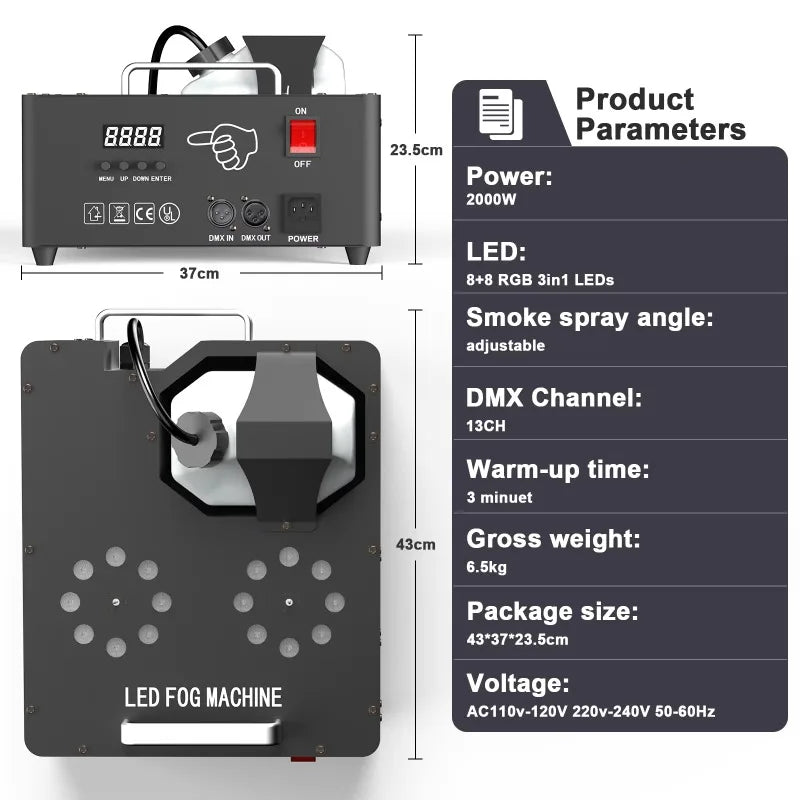 2000W Dual Tube RGB LED Fog  Adjustable Spray Output Stage Smoke Maker for Wedding DJ Concert Party Stage FX Equipment