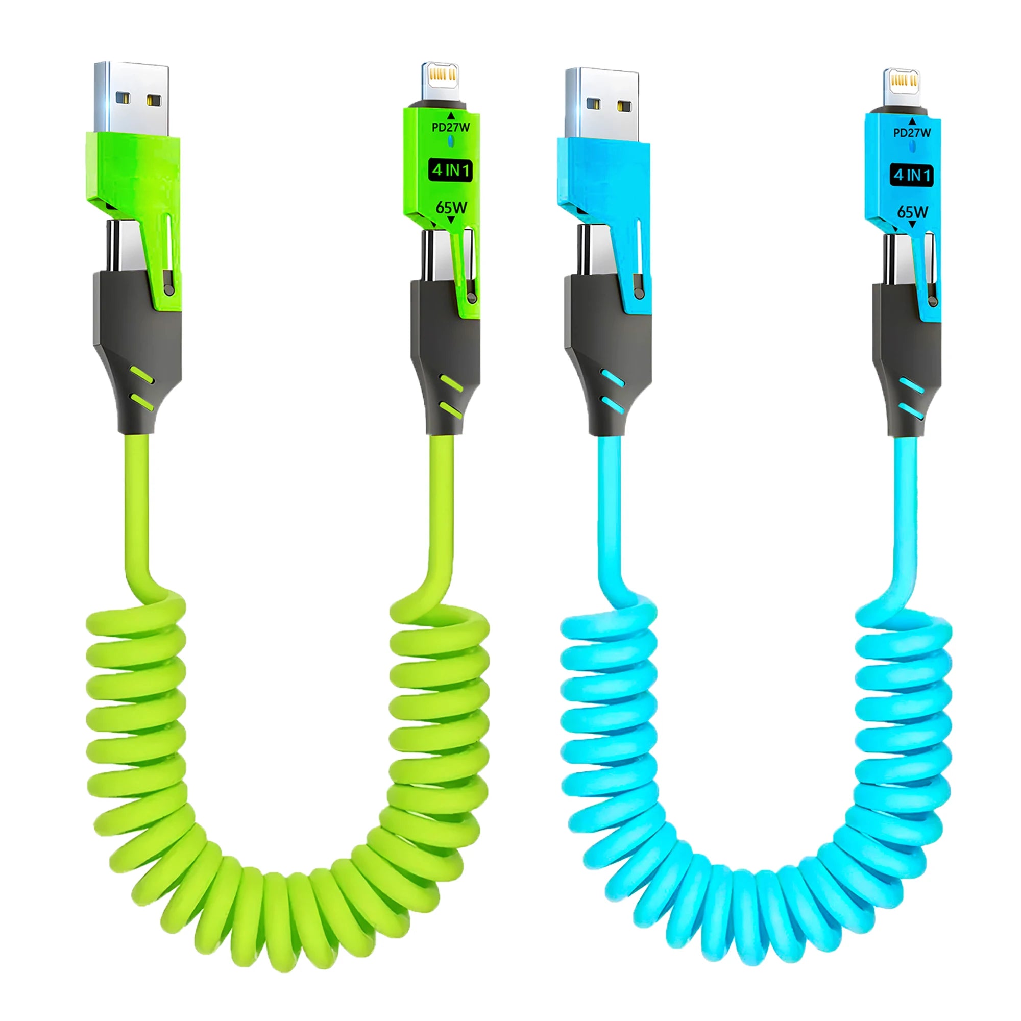 1/2PCS 4-in-1 Spring Data Cable & 65W Quick Charger: 6A USB Type-C Telescopic Wire Compatible with iPhone/iPad/MacBook/Huawei