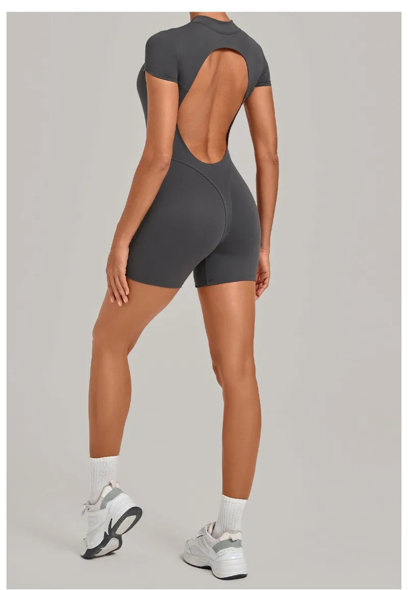 Women's Seamless Yoga Jumpsuits Sports Fitness Hip-lifting Short-sleeved Backless Training Workout Gym Shorts One-piece