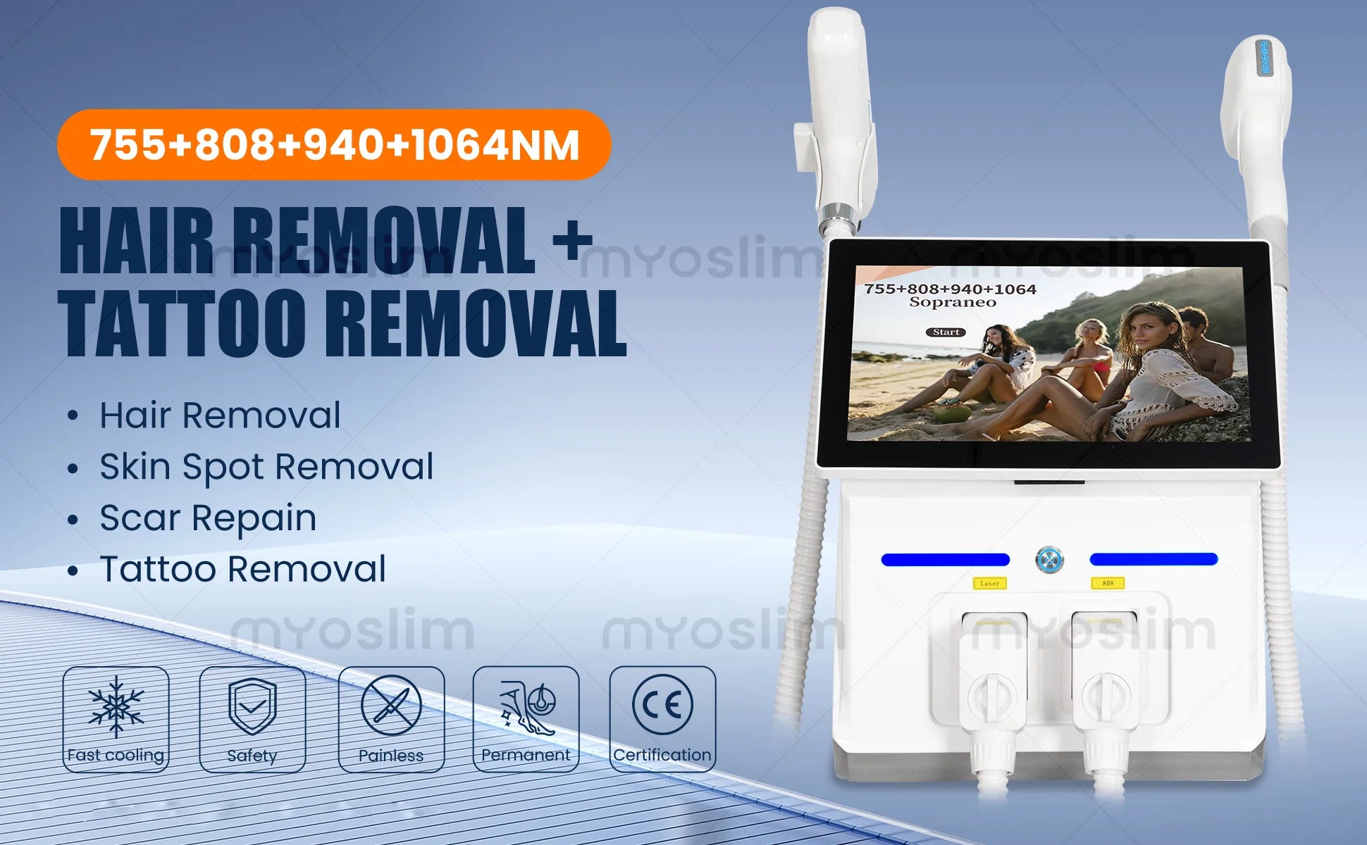 Myoslim 2In1 FAC 10Bars Diode 808 Lase Hair Removal Machin Picosecond Tattoo Removal Machine 4Wavelength Skin Rejuvenation