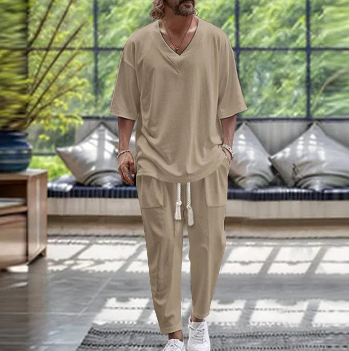 2026 Men Two Piece Sets Fashion Solid Tracksuits Summer Half Sleeve V-neck T-Shirt and Pants Loose Casual Outfit Male Streetwear