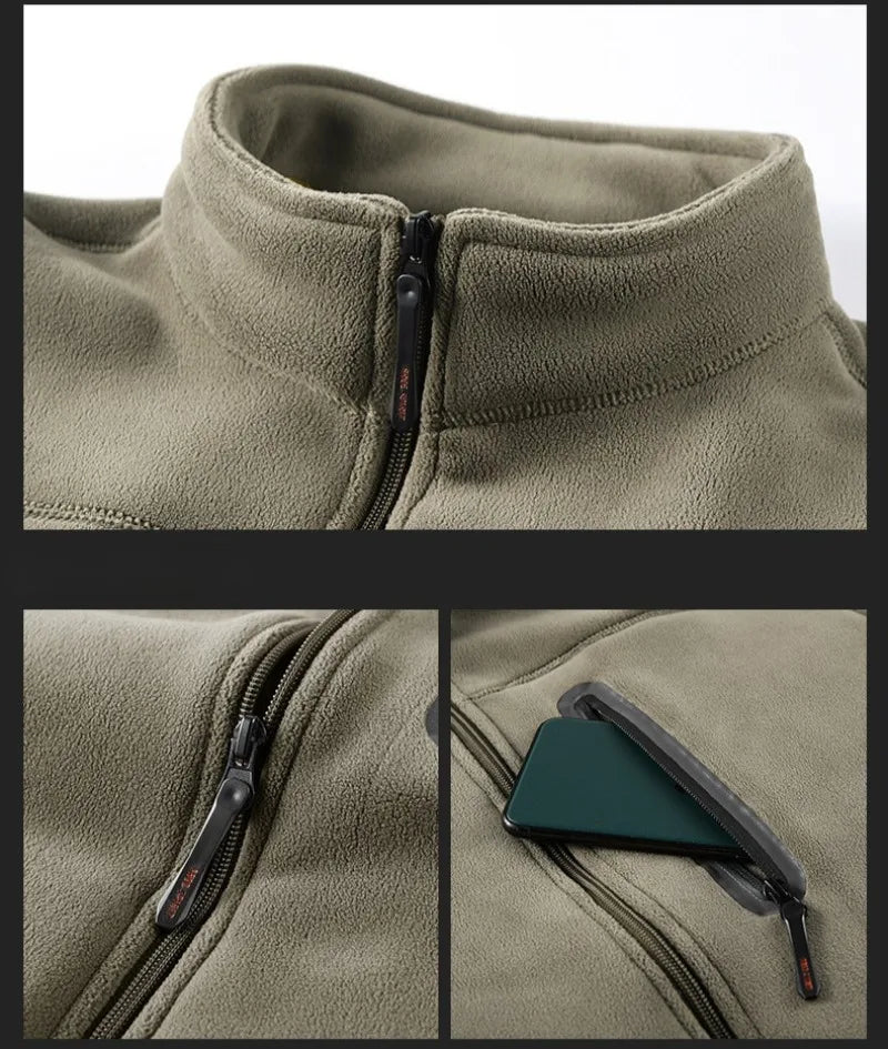 Men Fleece Lined Jacket Winter Thick Warm Stand Collar Zip Up Windproof Outdoor Casual Outerwear