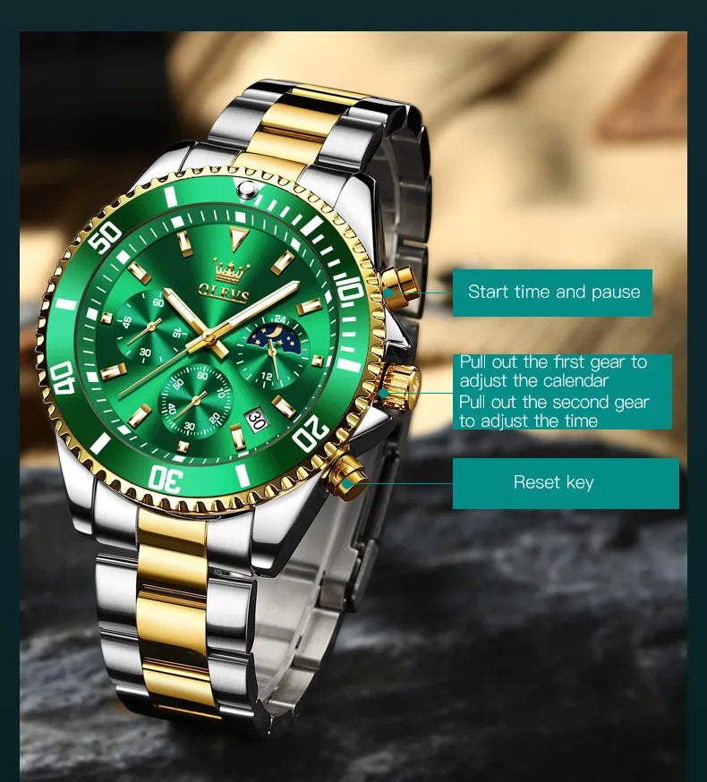 OLEVS 2870 Gold Men Watch Luxury Original Diving Series Men Watch Calendar Moon Phase Chronograph Sport Men Quartz Watch Gift