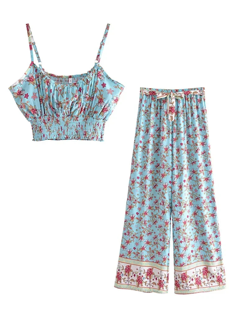 Vintage Chic  Women Floral Print Outfits Strap Sleeveless Tops Bohemian Suits Drawstring Pants 2 Pieces Rayon Cotton Boho Sets