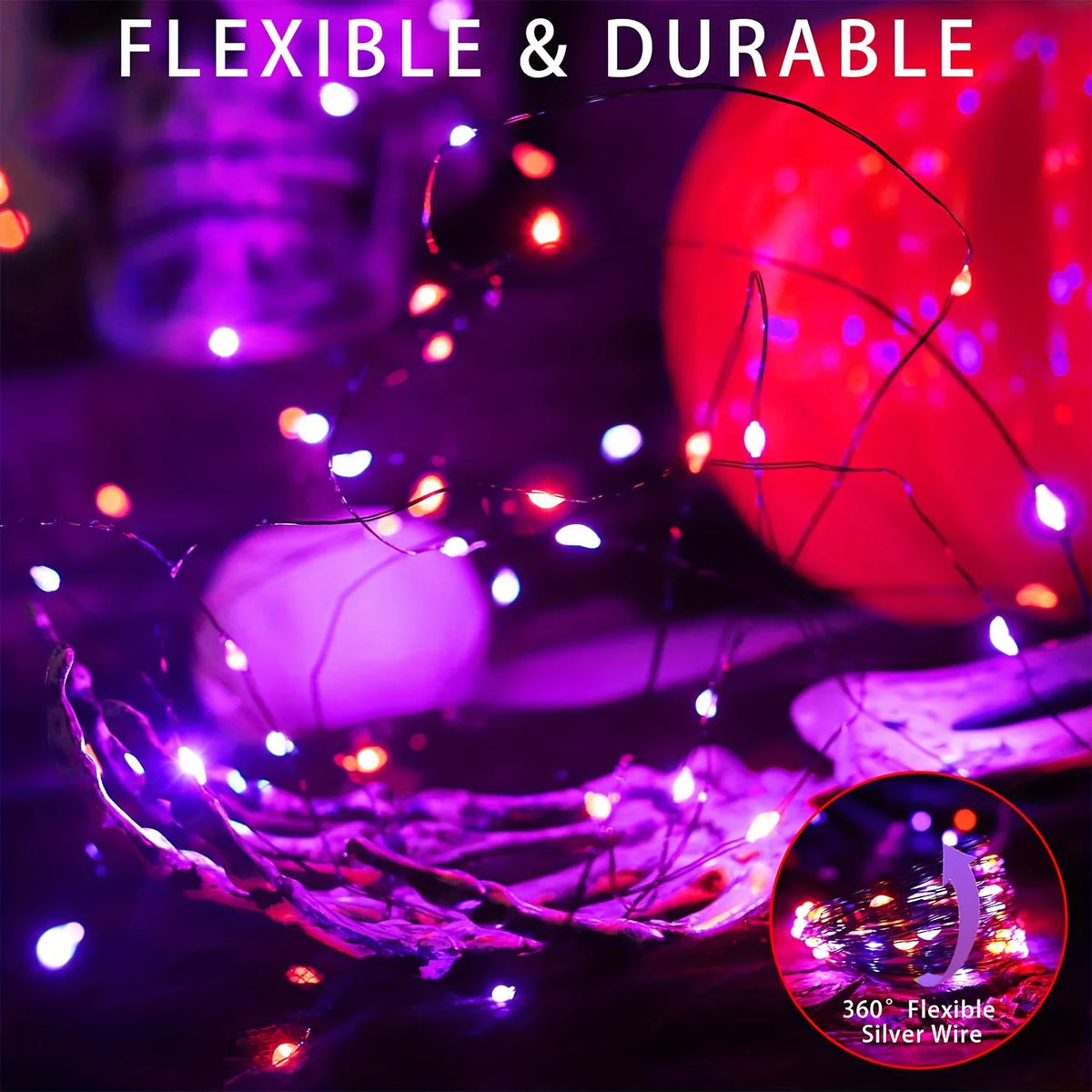 Halloween Fairy Lights USB 20M 200LED Auto Timer 8 Modes Waterproof  for Outdoor Garden, Yard, Fence Decor (Purple & Orange)
