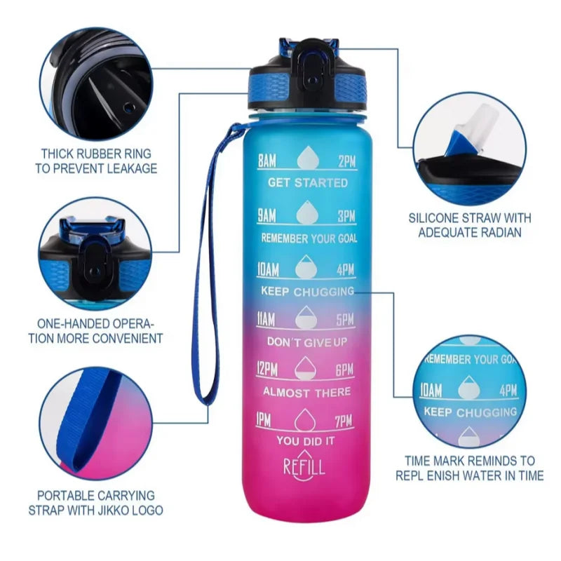 1000ML Sports Bottle Gradient Color Water Bottle with Time Scale Portable Outdoor Sport Drinking Cup Cycling Camp Water Cup