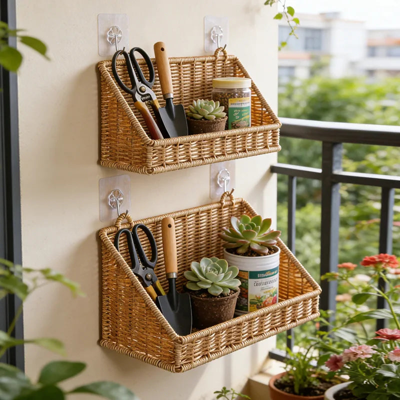 Woven Imitation Rattan Wall Mounted Storage Basket Slanted Shelf Organizer for Kitchen Living Room Bathroom Bedroom Balcony