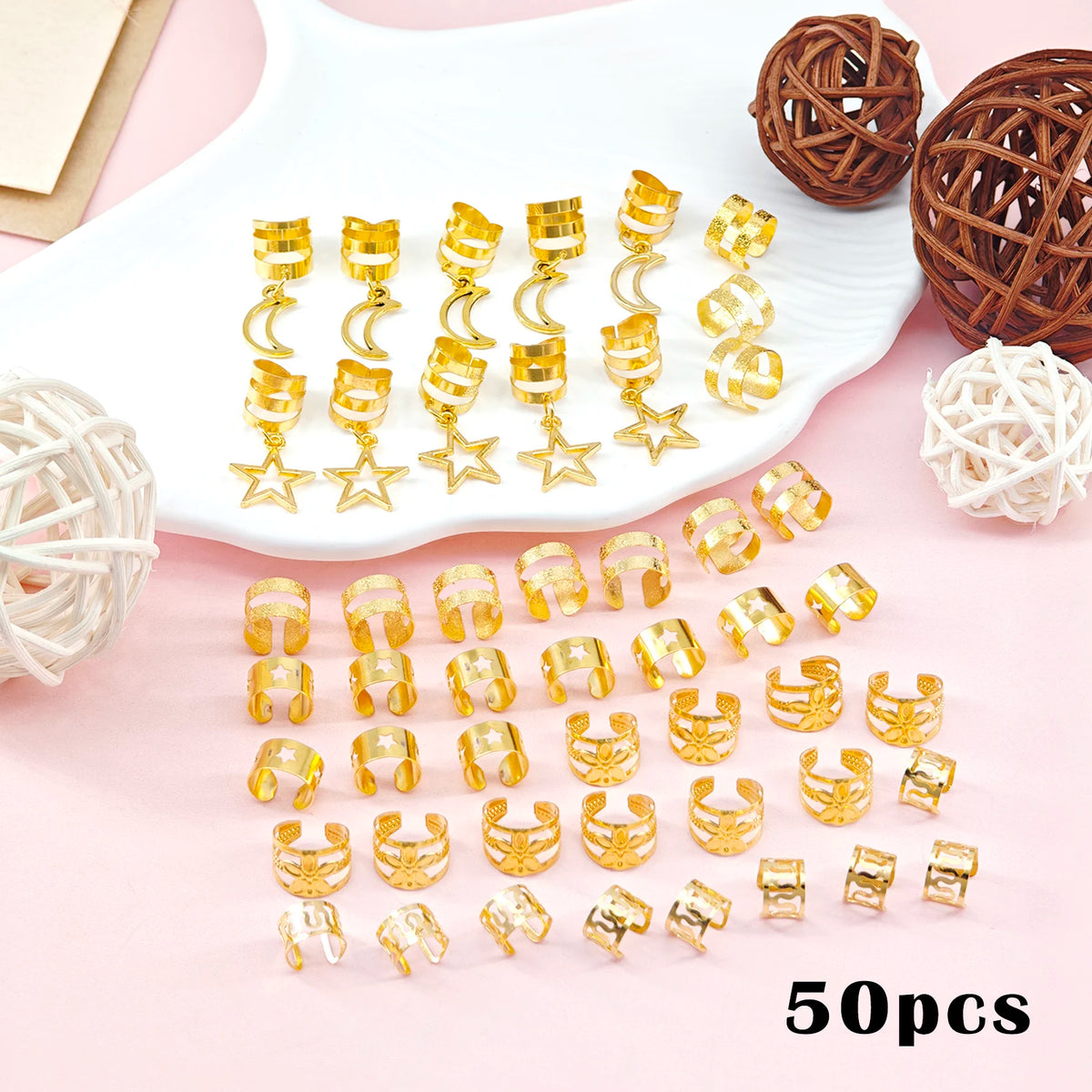 50pcs Golden Star Moon Hair Clips Braid Jewelry Dreadlock Accessories Loc Adornment for Braids Decoration