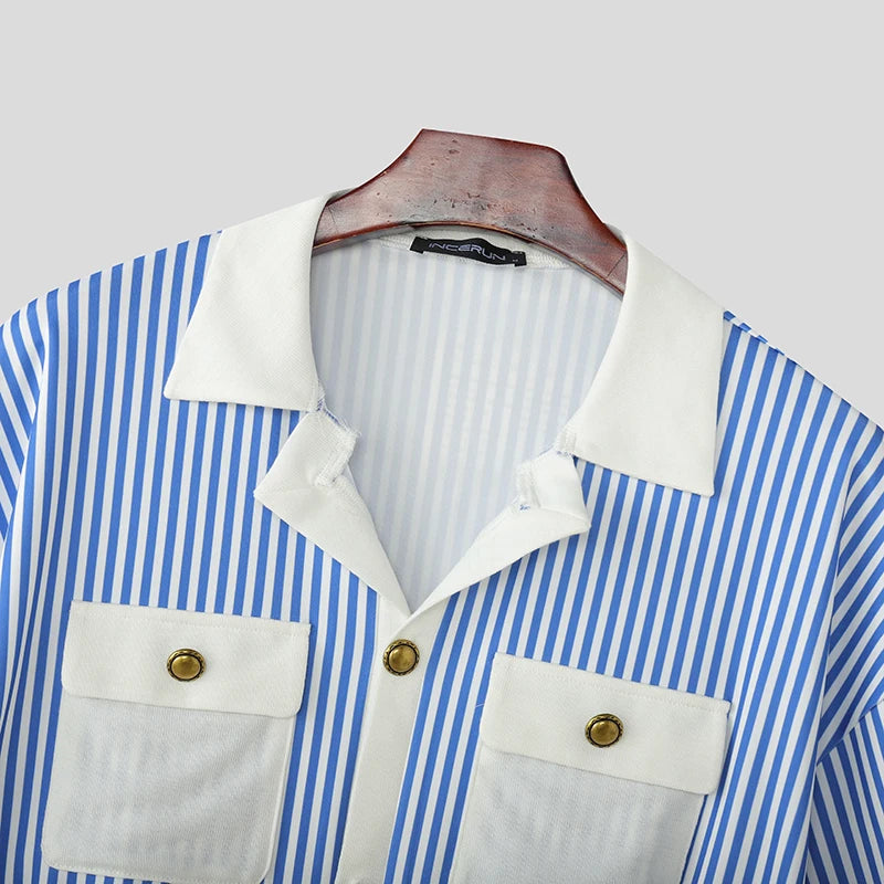 INCERUN Men Shirt Striped Patchwork Lapel Short Sleeve Casual Men Clothing Summer Color-block Fashion Leisure Tops Male Shirts