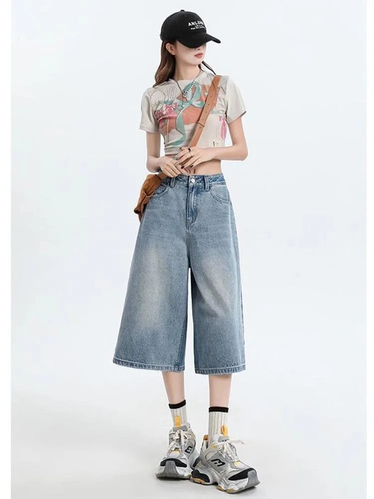 Women's Retro Casual Jeans  Summer New Wide-Leg Pants  High-Waisted Plus-Size Pear-Shaped Body-Camouflaging Straight Leg Pants