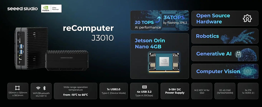 Orin Nano 4GB ReComputer J3010 Edge AI Device - Super Mode, 4xUSB 3.2, M.2 Key E/M