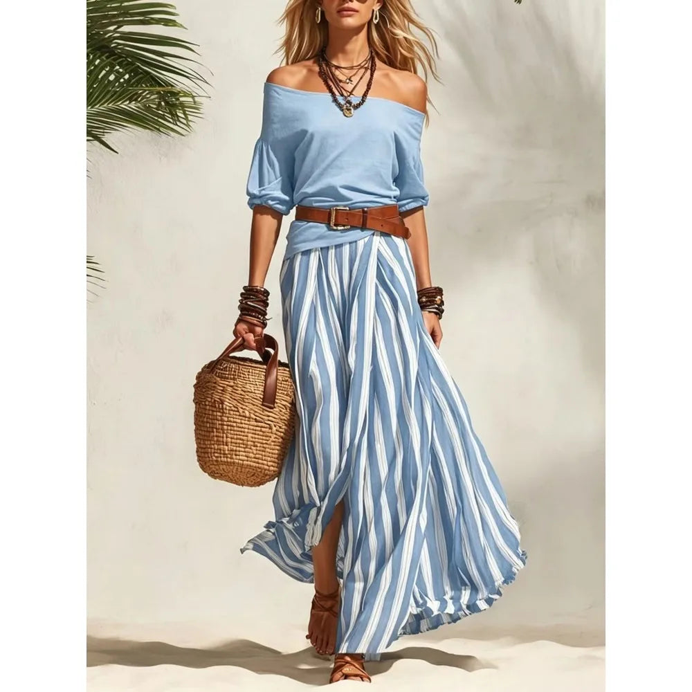 Women Multiple Colors Off Shoulder Puff Sleeve Top Vertical Stripe Flowy Maxi Skirt 2 Piece Outfit Loose Casual Vacation Set