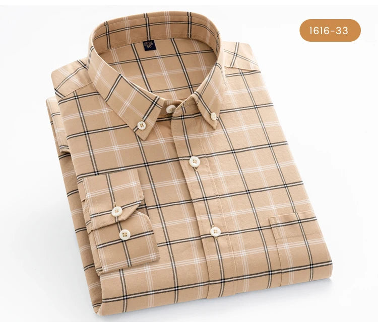 Men's 100% Cotton Breathable Oxford Fabric Dress Shirt, Plaid Striped Casual Long Sleeve, Button-Up with Collar and Chest Pocket