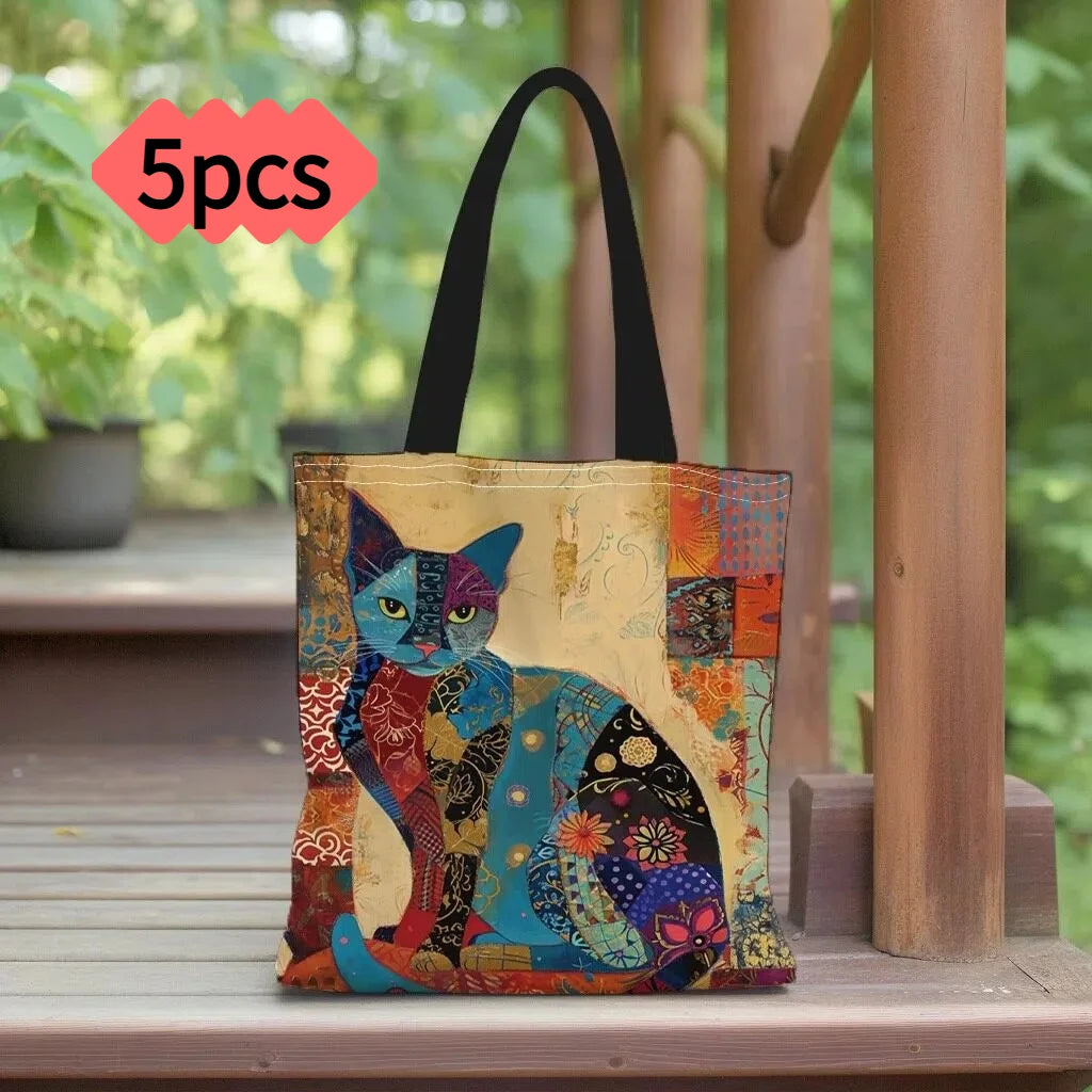 1/5/10pcs Floral Cat Pattern Tote Bag, Aesthetic Canvas School Shoulder Bag, Lightweight Grocery Shopping Bag