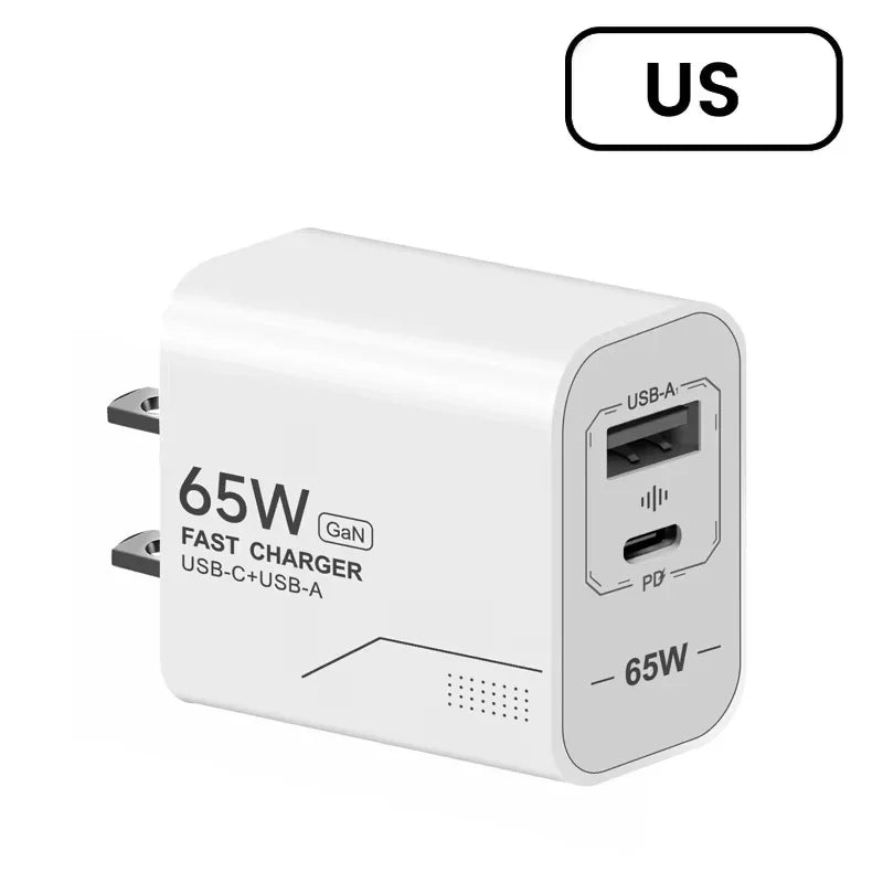 USB PD65W GaN Charger 2-Port Fast Charging Charger Type C High Speed Charge Mobile Phone Wall Adapter For Phone EU/US Charger