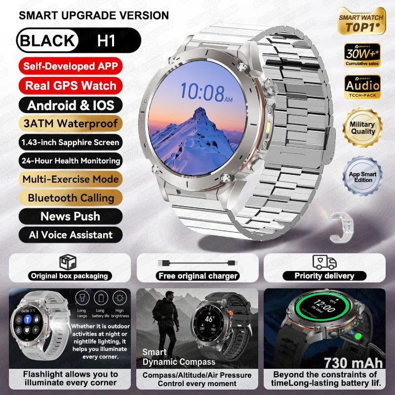 2026 New GPS Smart Watches 10 ATM Waterproof Built-in Dual-band GNSS Compass Military Sport Men SWIM Smartwatch For Android IOS
