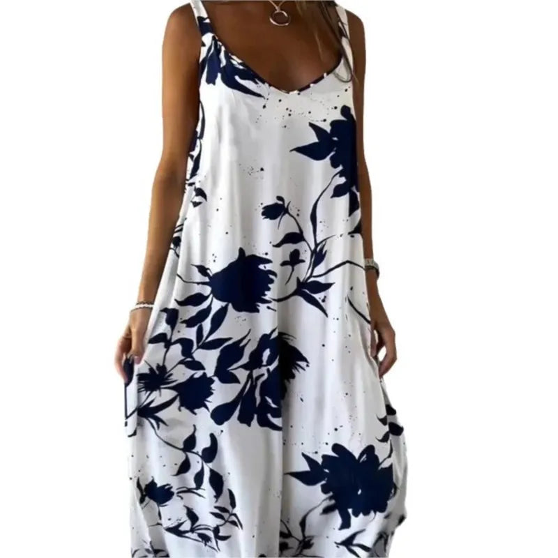 Vestidos Summer Women's Fashionable Printed Camisole Backless Casual Dress 2025 Sexy Women's V-neck Loose Beach Maxi Dresses