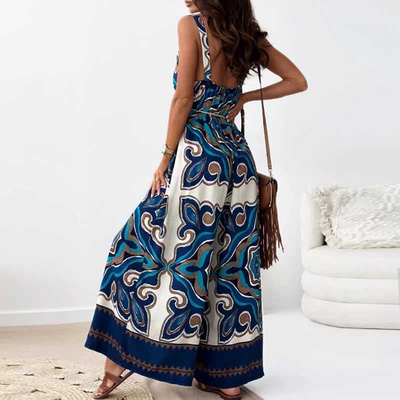 Elegan V-neck High Waist Jumpsuit Women's Fashion Pattern Print Loose Long Romper Causal Sleeveless Wide Leg Playsuit Women