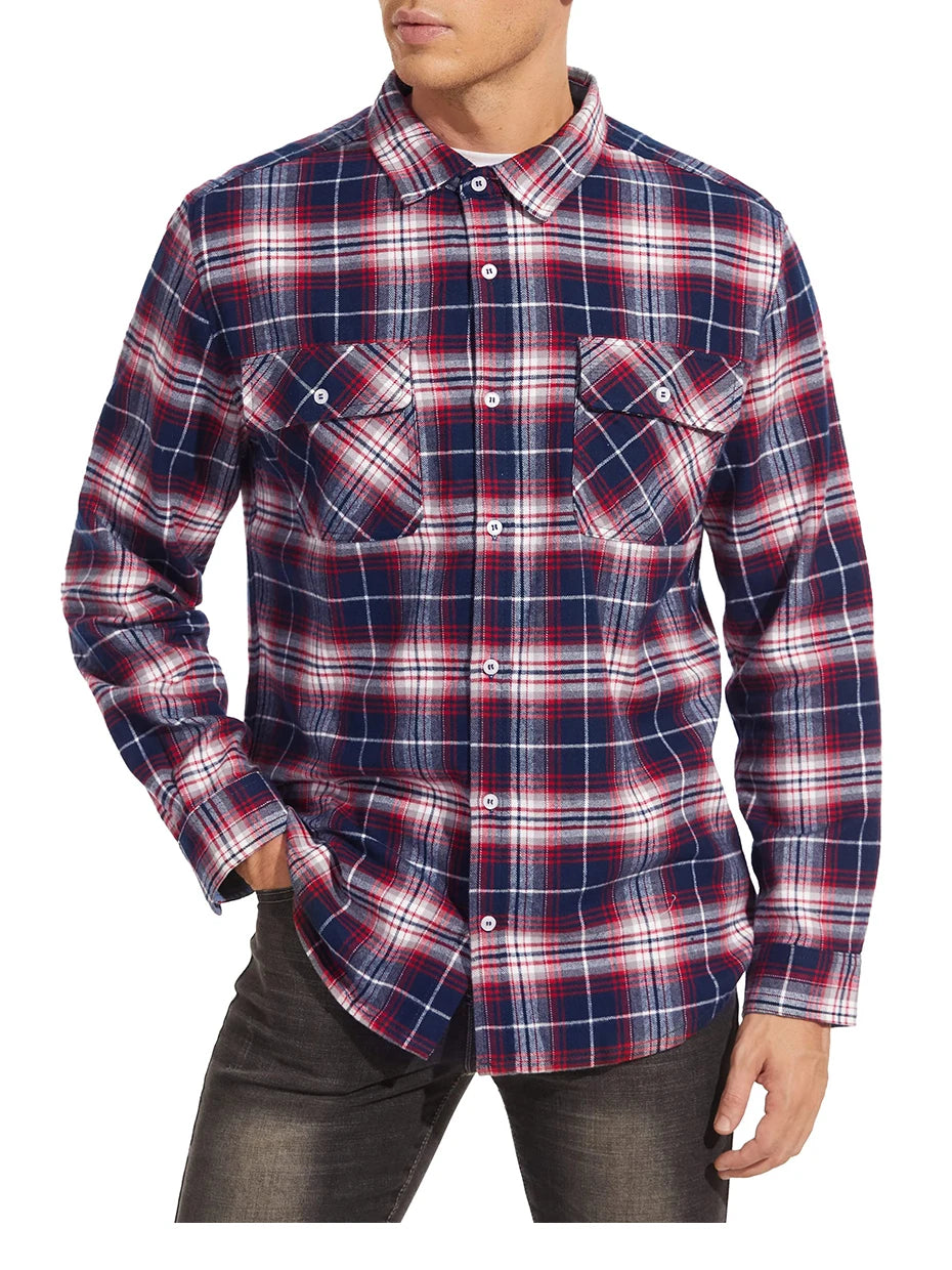 MAGCOMSEN Autumn Windproof Men's Flannel Shirt Warm Long Sleeve Casual Plaid Shirts with Two Chest Pockets