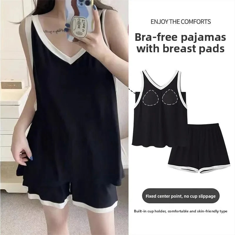 Women Sleeveless Summer Casual 2/pce Set Girls Spaghetti Strap Vest Shorts Outfit Lady Color Blocked Bra Pad Fashion Loungewear