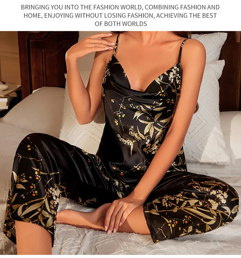 Sexy Suspender Pajamas Set Summer Women Satin Sleepwear Trouser Suits Print Flower Pyjama Pour Femme Loose Home Wear Pijamas