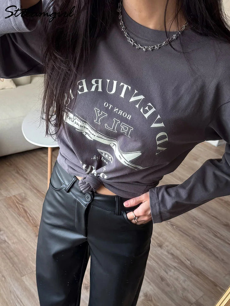 Streamgirl Cotton Long Sleeve T-shirt For Women Spring Tops Graphic Tees Oversized Casual Light Yellow Tshirts Ladies Basic Tops