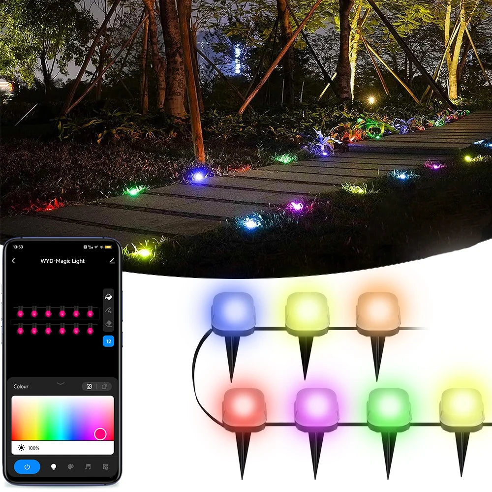Wiscolor Smart Wifi RGB Lawn Light 30M 30Bulbs IP65 Outdoor Ground LED Light APP Control for Garden Lawn Courtyard