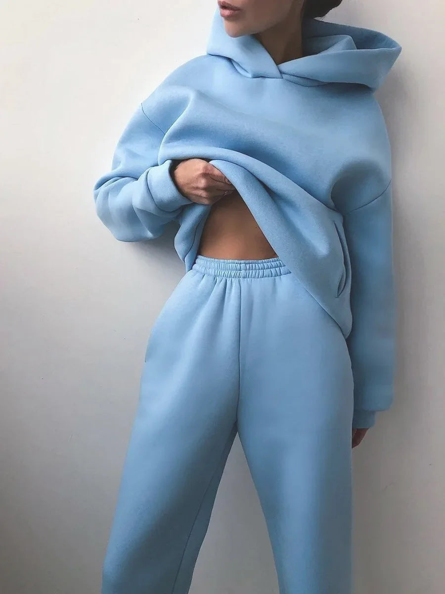 Two Piece Pant Sets Women Solid Thick Sweatshirts Hooded Full Sleeve Elastic Waist Spliced Long Pants Pockets Casual Suits