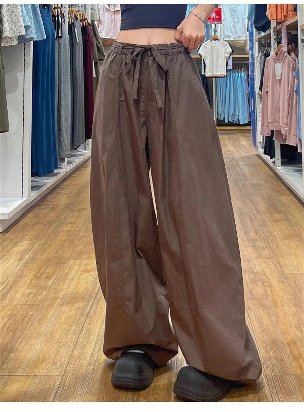 Summer Women Wide Leg Pants Elastic High Waisted Loose Casual Trousers Pockets Drawstring Gray Comfortable All-Match Streetwear