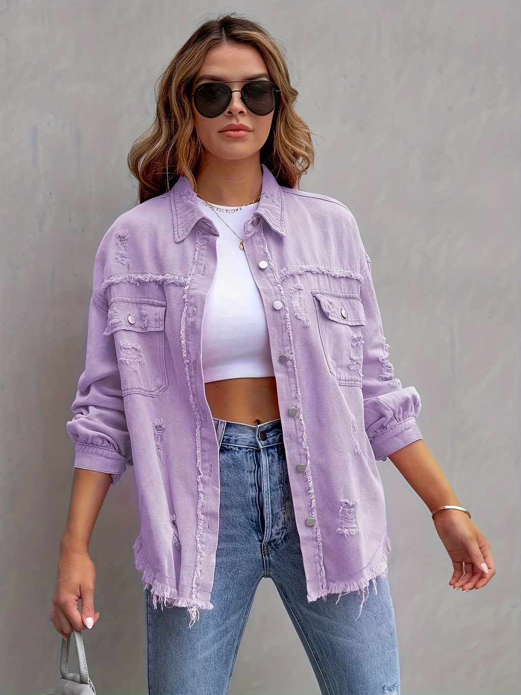 Women's Fashionable Solid Color Mid-Length Ripped Denim Jacket Long-Sleeved Spring Autumn Trend