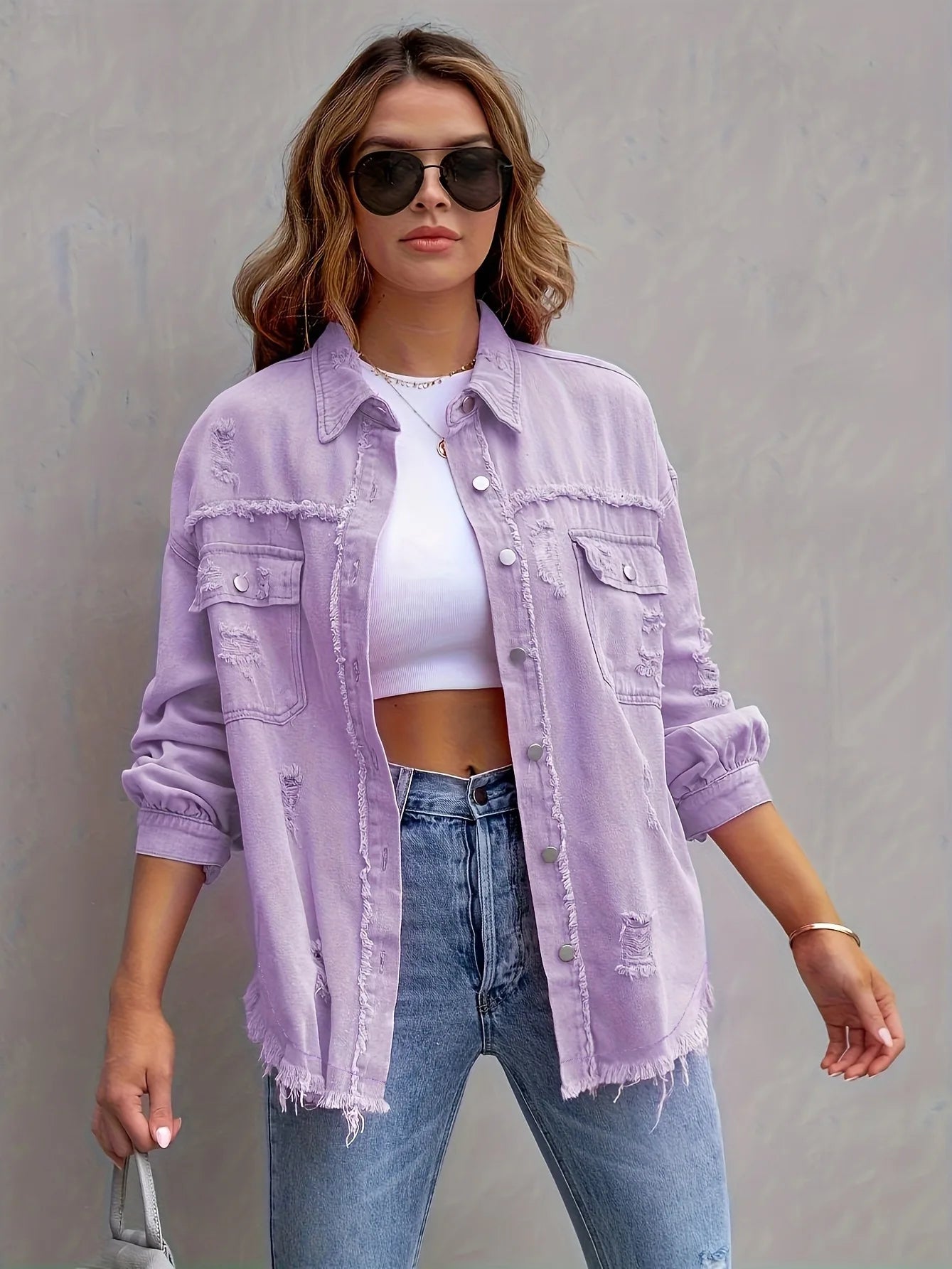 Women's Fashionable Solid Color Mid-Length Ripped Denim Jacket Long-Sleeved Spring Autumn Trend