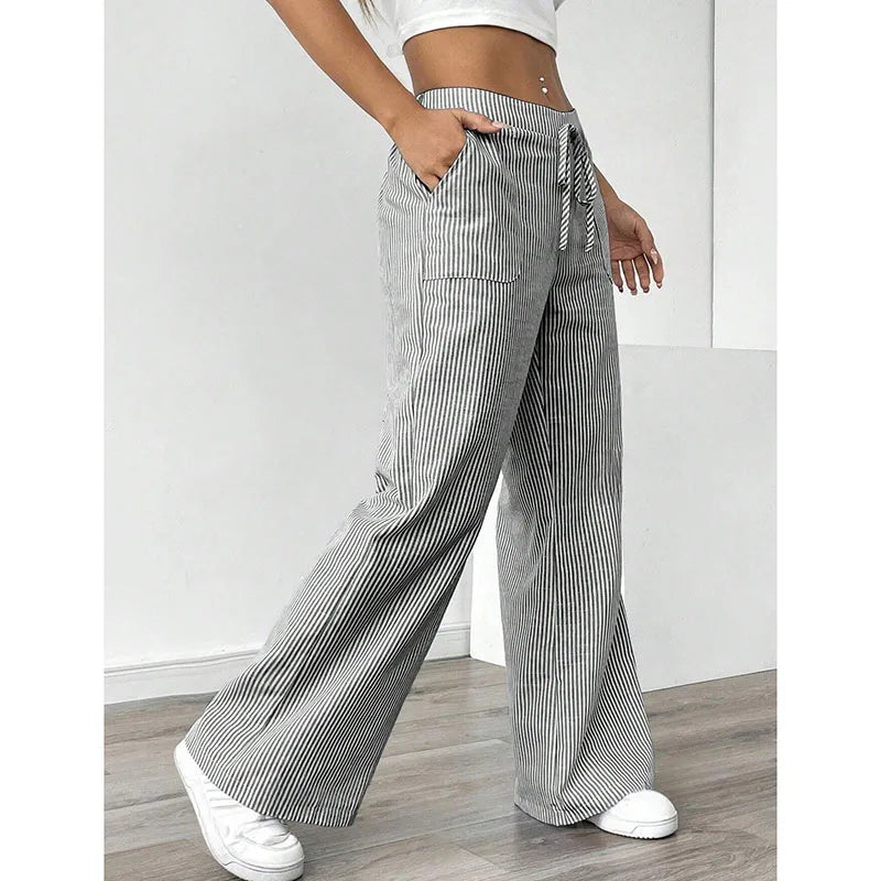 American Style Retro Vertical Stripe Drawstring Wide Leg Pants High Waist Dipping Loose Straight Casual Pants