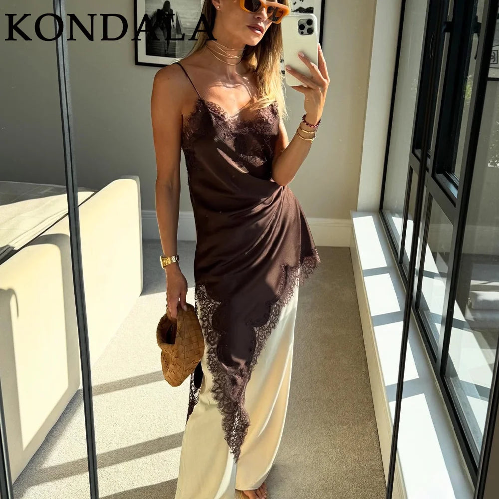 KONDALA 2026 Spring Summer Lace Patch Work Women Dresses Fashion Brown Wedding Guest Dress For Women Elegant Chic Ladies Dresses