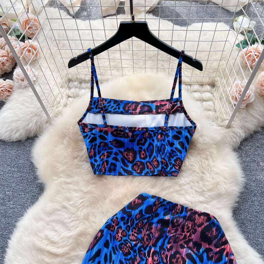 Retro Style Printed 2 Pieces Set for Women Fashion Summer Sleeveless Cropped Camis Top + Elastic Waist Bodycon Long Skirt Suits