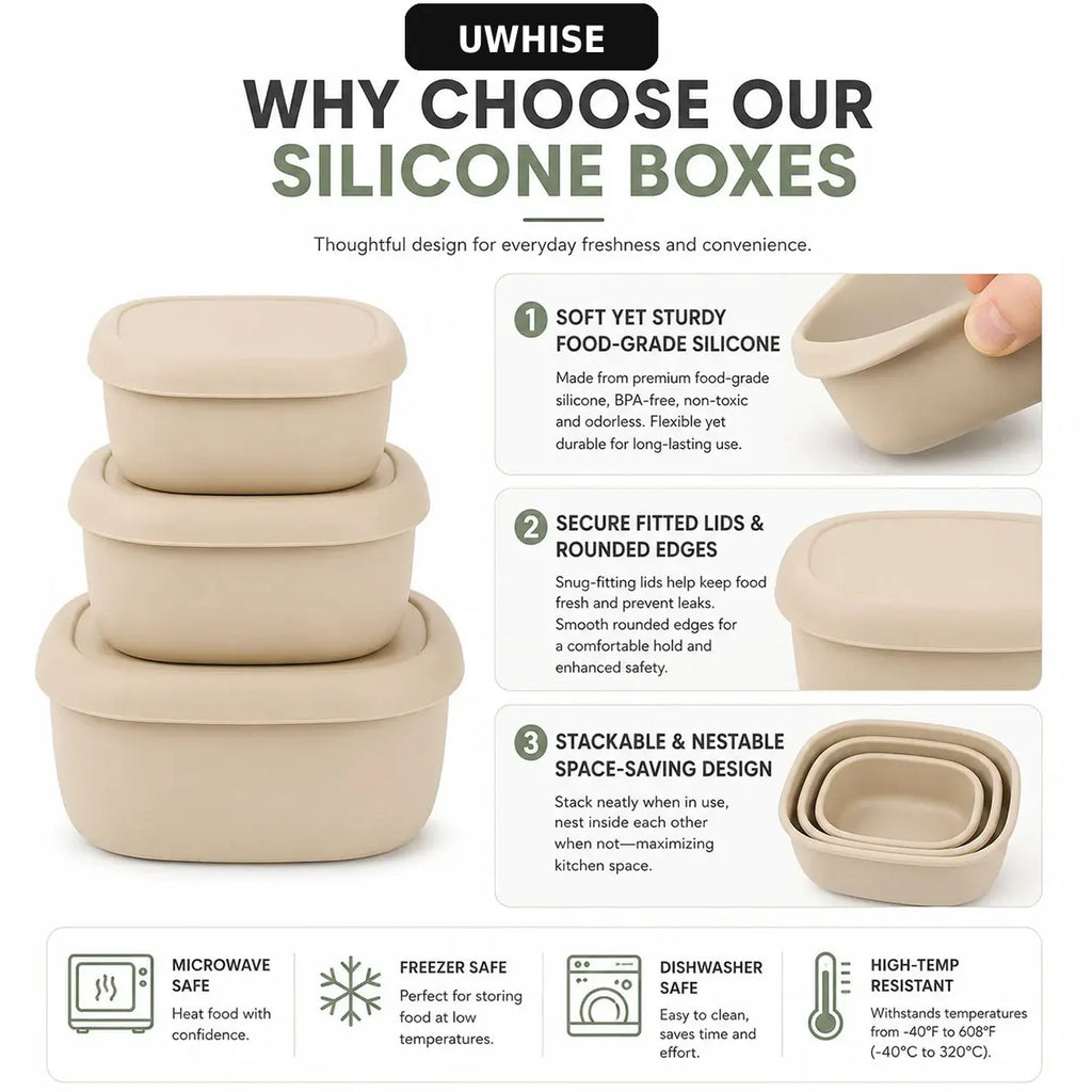 Uwhise Silicone Lunch Box Set Food Storage Containers 3 Pcs Bento Box For Microwave Freezer Nestable Salad Snack Bowls