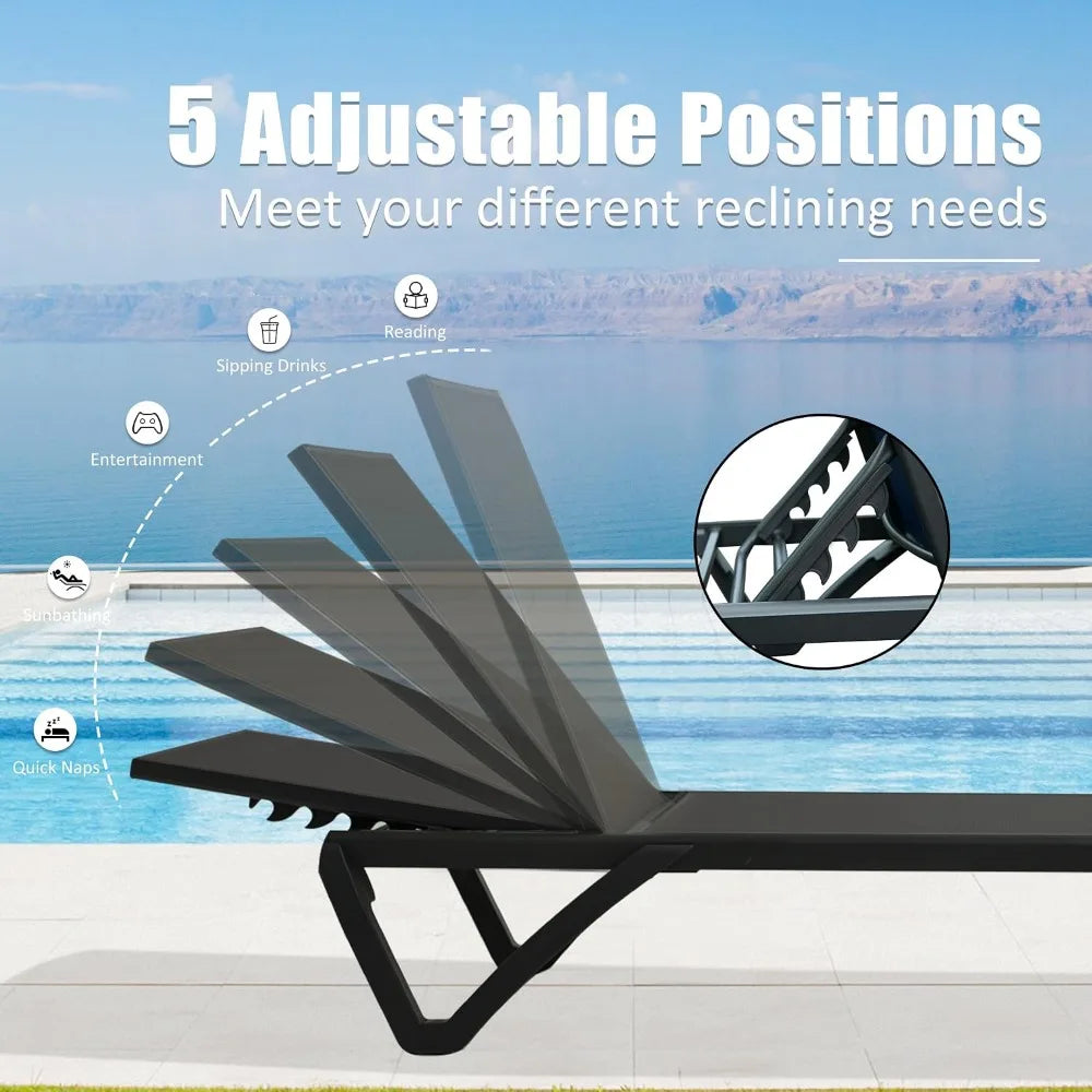 2 Pack Aluminum Outdoor Chaise Lounge,With Wheels,5 Position Adjustable,All Weather Pool Patio, Custom
