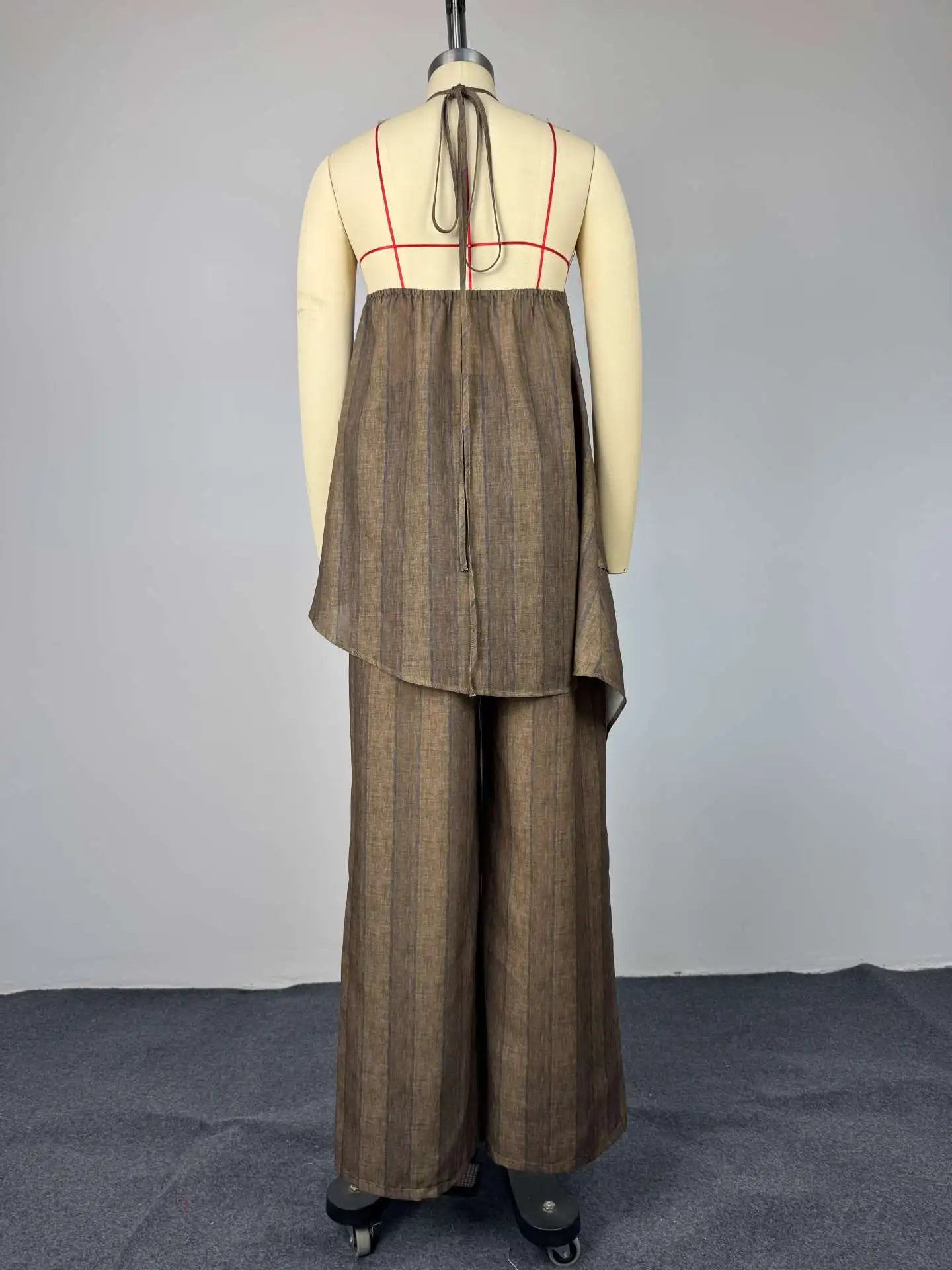 2026 2 Piece Sets Lady Chic Holiday Outfit Y2K Green Stripe Long Pant Sets For Women Spring Summer Halter Vest Top Wide Leg Pant