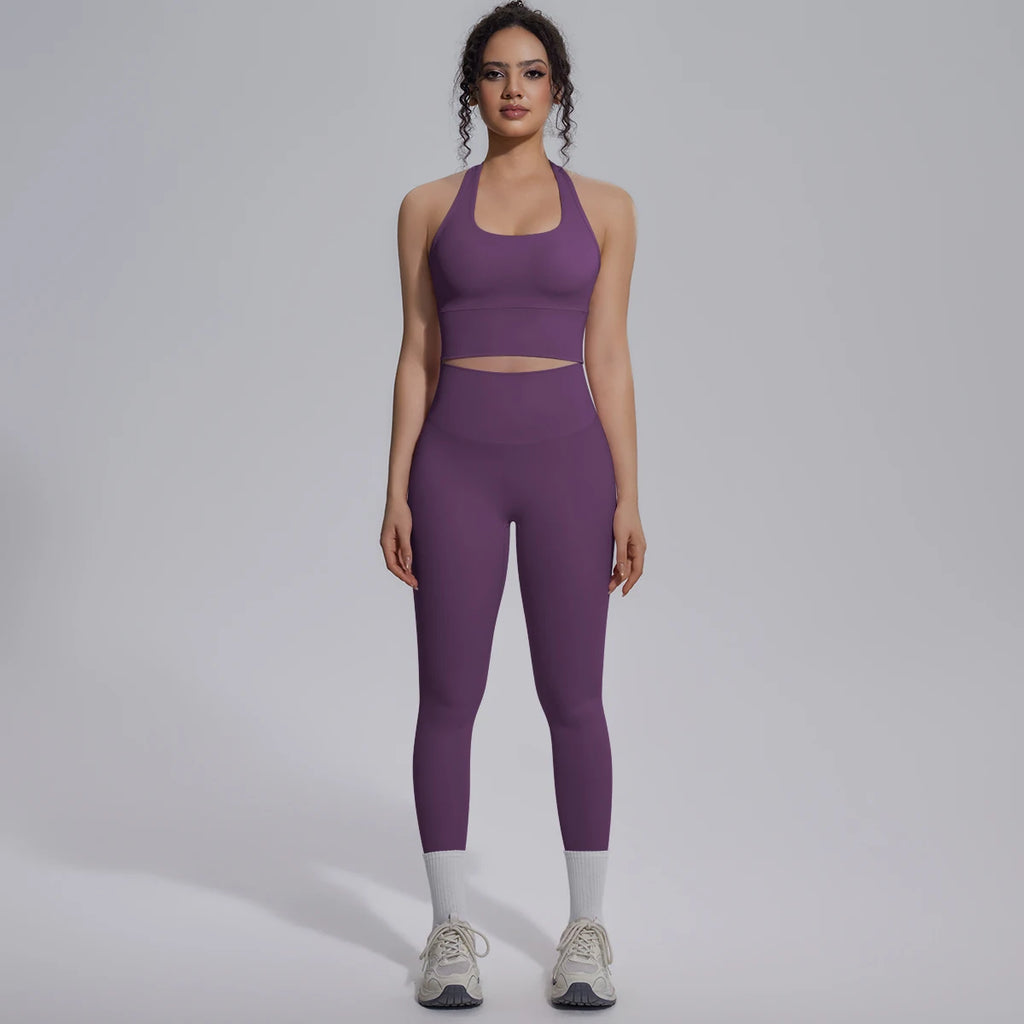 Rooftrellen New Women's Two-piece Set Fitness Sports Solid Color Yoga Set Summer Quick Drying Legging Pants Gather I-shaped Vest