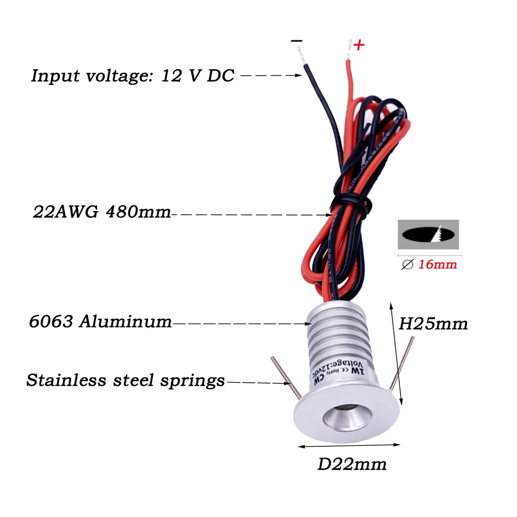Indoor IP65 Recessed LED 1W Downlight, 12V Spotlight, Suitable for Ceiling/Stairwell/Hallway/Cabinet Lighting (Driver Included)