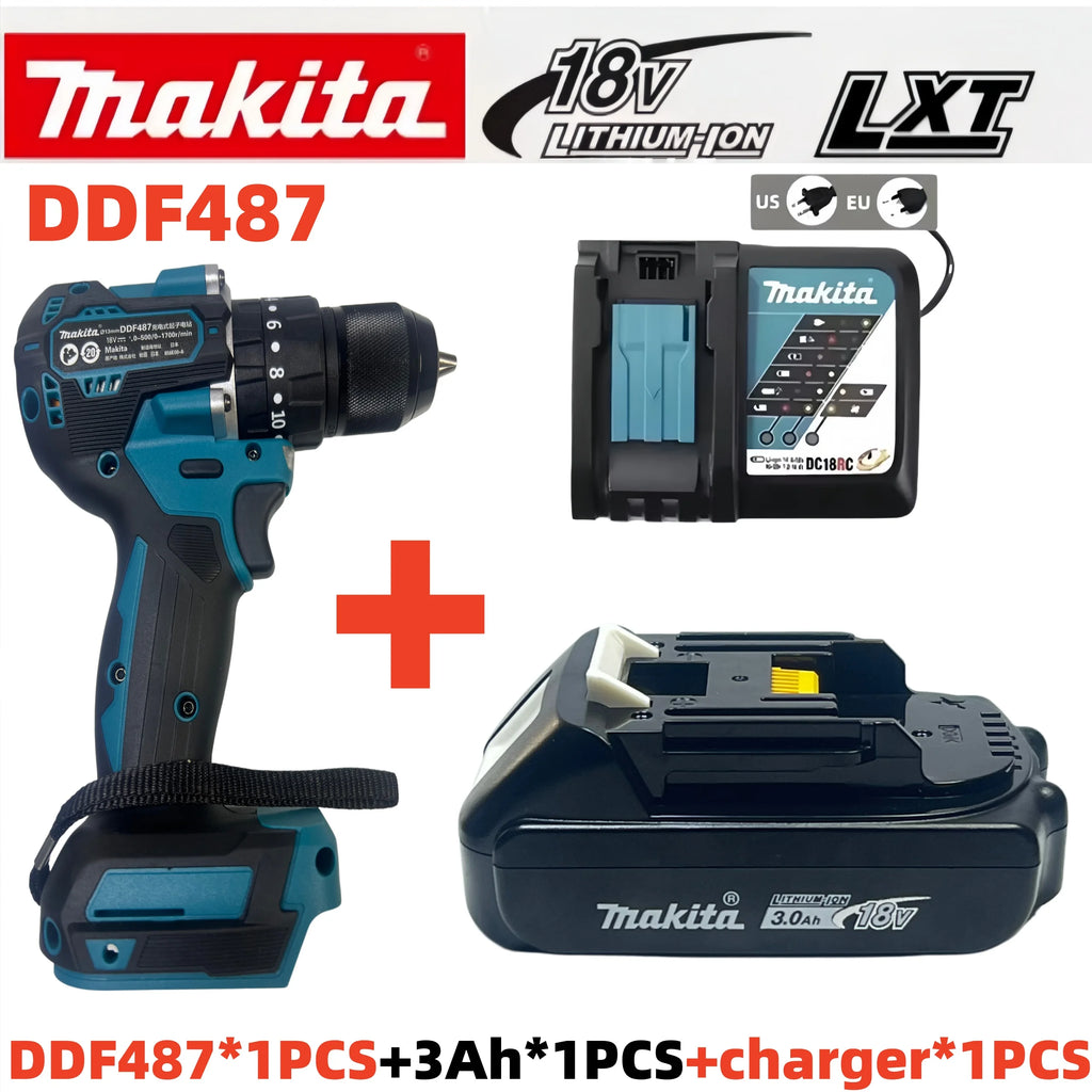 Makita DDF487 10mm Brushless 18V 3.0Ah Li-ion Cordless Drill, High Torque Electric Screwdriver With Makita 18V Battery