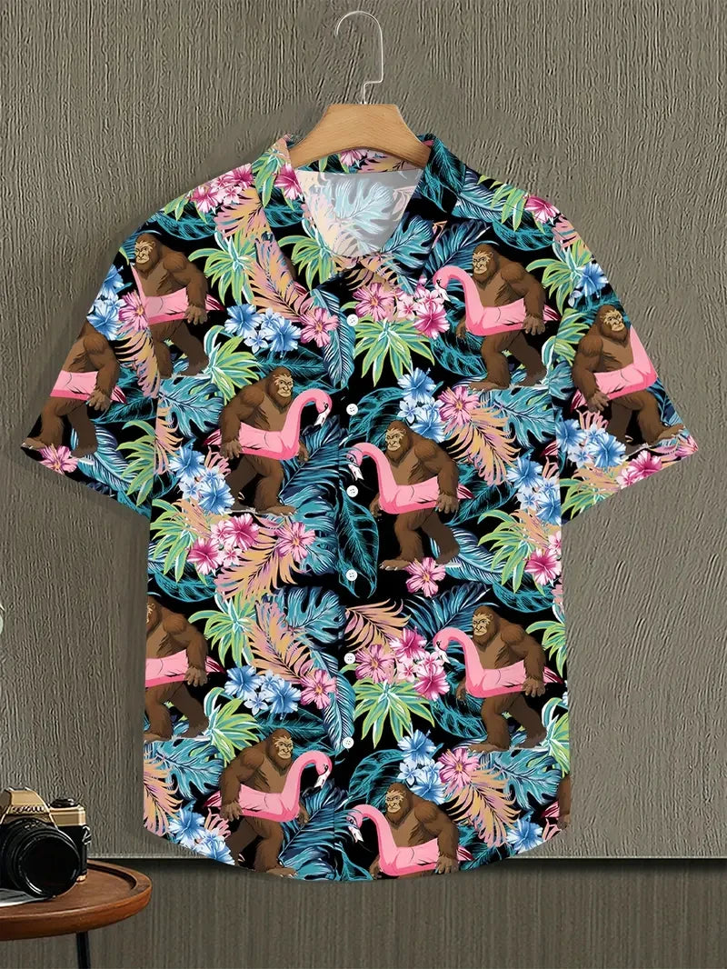 2026 Men's Vocation Lapel Camisa Vacation Hawaiian Shirts Flamingo 3d Print Fashion Unisex Beach Short Sleeve Blouse